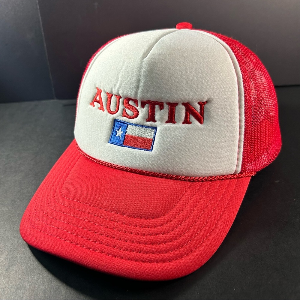 Vintage Austin Texas Snapback Red & White Trucker Hat vtg TX
